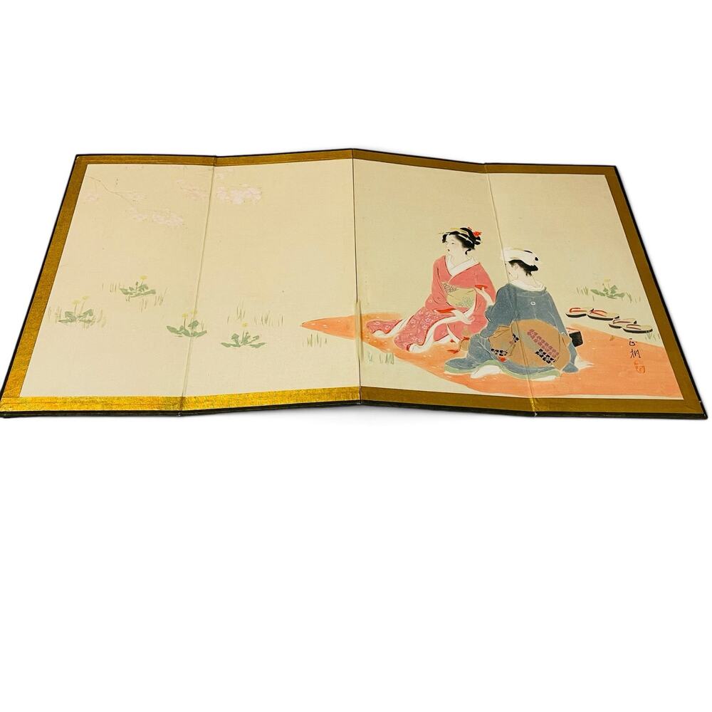 Vintage Japanese 4-Panel Tabletop Folding Screen Hand Painted Bijin-ga Original